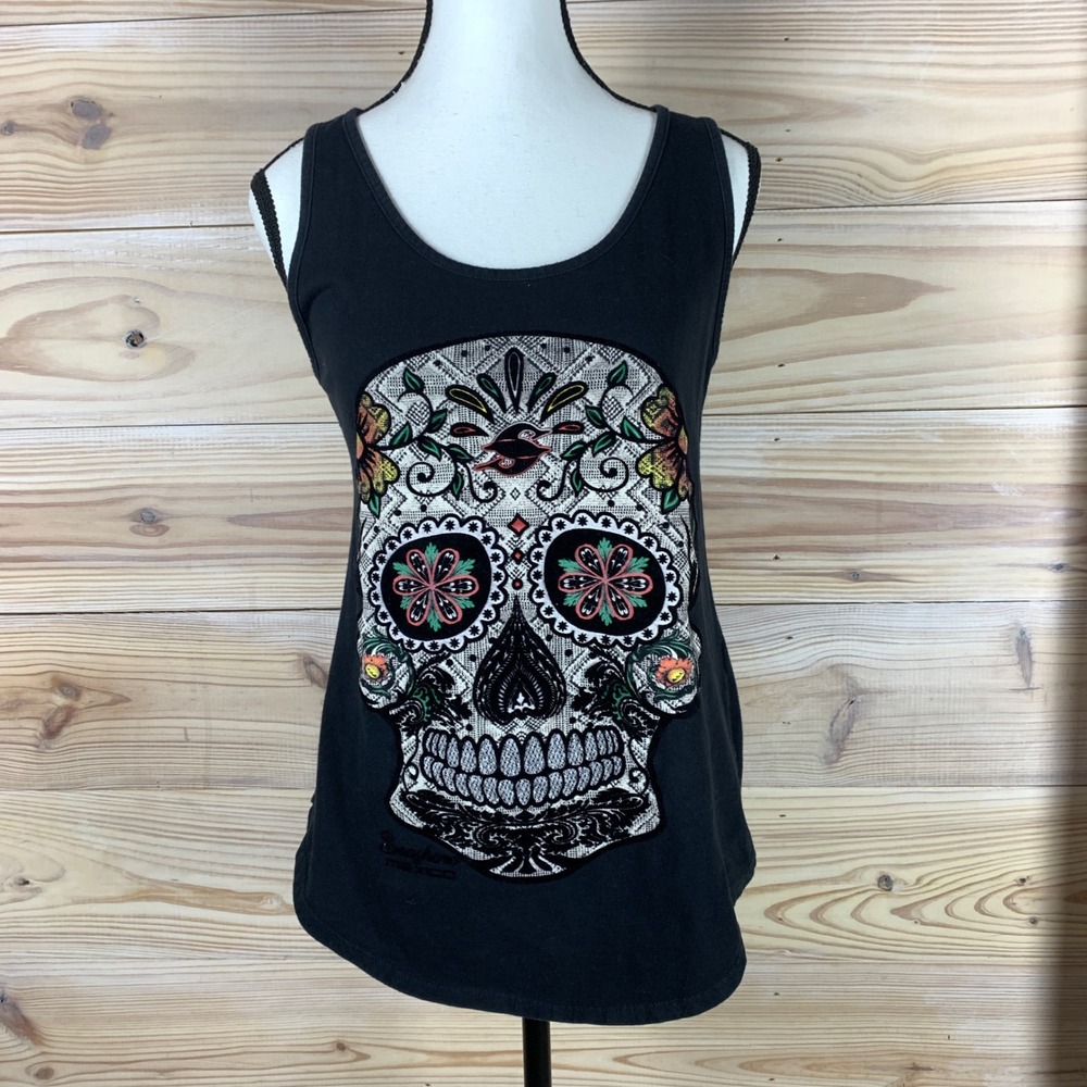 Seashore Mexico Tank Top Womens Small Black Sugar Skull Floral Flocked Graphic